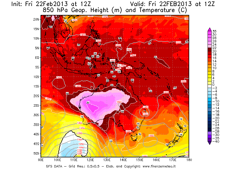 Mappa di analisi GFS - Geopotenziale [m] e Temperatura [°C] a 850 hPa in Oceania
							del 22/02/2013 12 <!--googleoff: index-->UTC<!--googleon: index-->