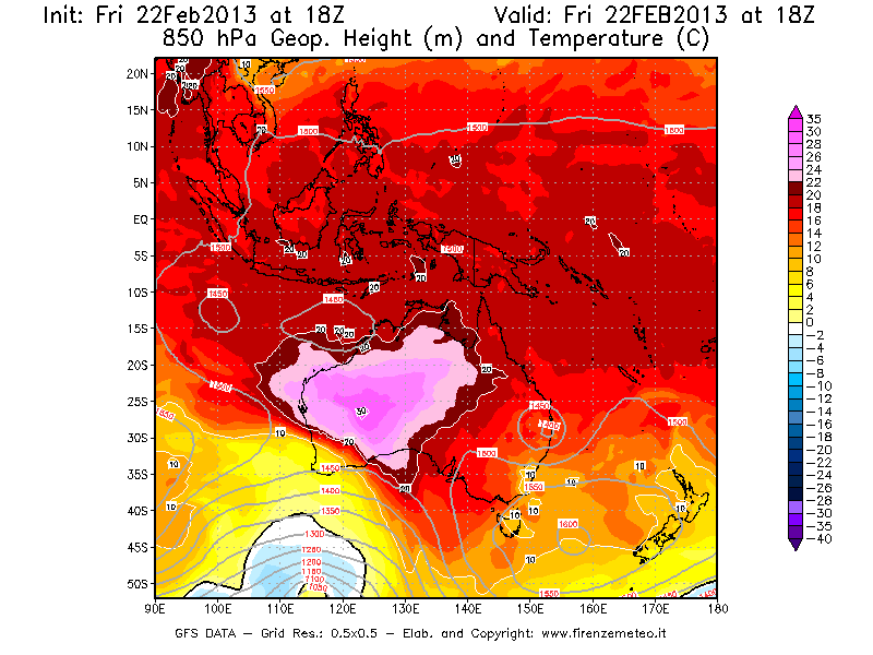 Mappa di analisi GFS - Geopotenziale [m] e Temperatura [°C] a 850 hPa in Oceania
							del 22/02/2013 18 <!--googleoff: index-->UTC<!--googleon: index-->
