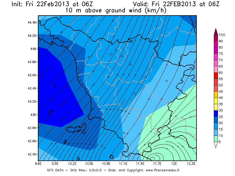 Mappa di analisi GFS - Velocità del vento a 10 metri dal suolo [km/h] in Toscana
							del 22/02/2013 06 <!--googleoff: index-->UTC<!--googleon: index-->