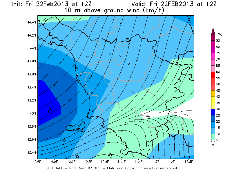 Mappa di analisi GFS - Velocità del vento a 10 metri dal suolo [km/h] in Toscana
							del 22/02/2013 12 <!--googleoff: index-->UTC<!--googleon: index-->