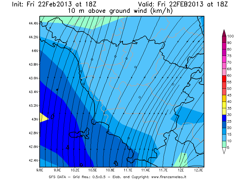 Mappa di analisi GFS - Velocità del vento a 10 metri dal suolo [km/h] in Toscana
							del 22/02/2013 18 <!--googleoff: index-->UTC<!--googleon: index-->