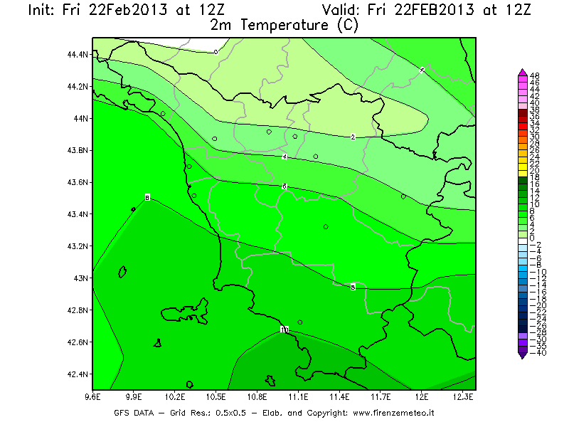 Mappa di analisi GFS - Temperatura a 2 metri dal suolo [°C] in Toscana
							del 22/02/2013 12 <!--googleoff: index-->UTC<!--googleon: index-->