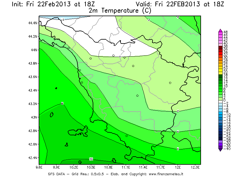 Mappa di analisi GFS - Temperatura a 2 metri dal suolo [°C] in Toscana
							del 22/02/2013 18 <!--googleoff: index-->UTC<!--googleon: index-->