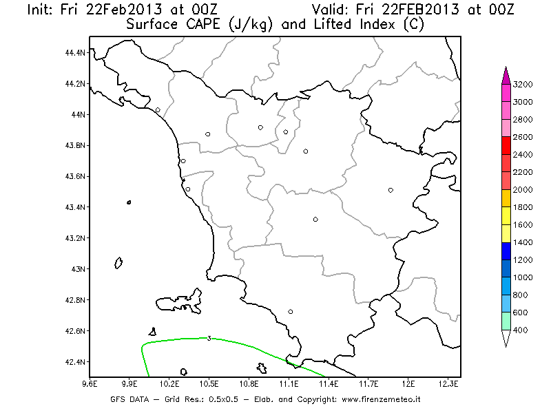 Mappa di analisi GFS - CAPE [J/kg] e Lifted Index [°C] in Toscana
							del 22/02/2013 00 <!--googleoff: index-->UTC<!--googleon: index-->
