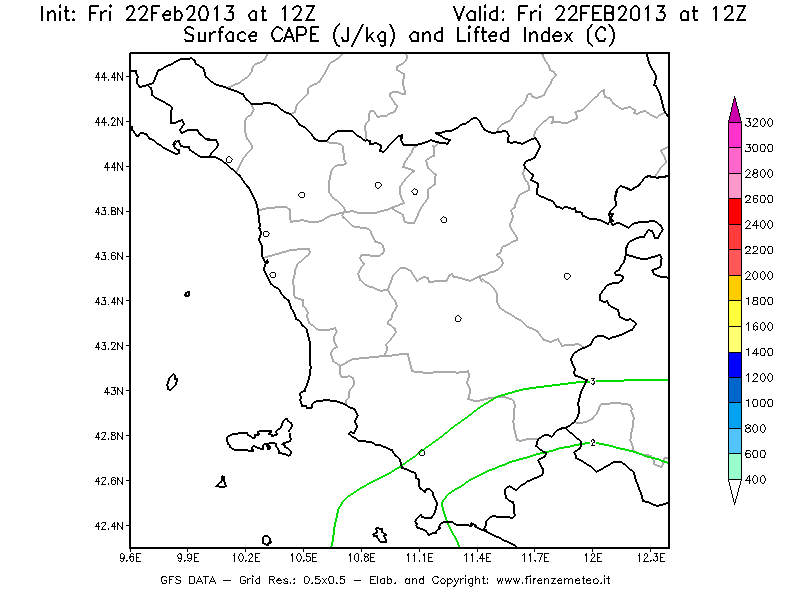 Mappa di analisi GFS - CAPE [J/kg] e Lifted Index [°C] in Toscana
							del 22/02/2013 12 <!--googleoff: index-->UTC<!--googleon: index-->