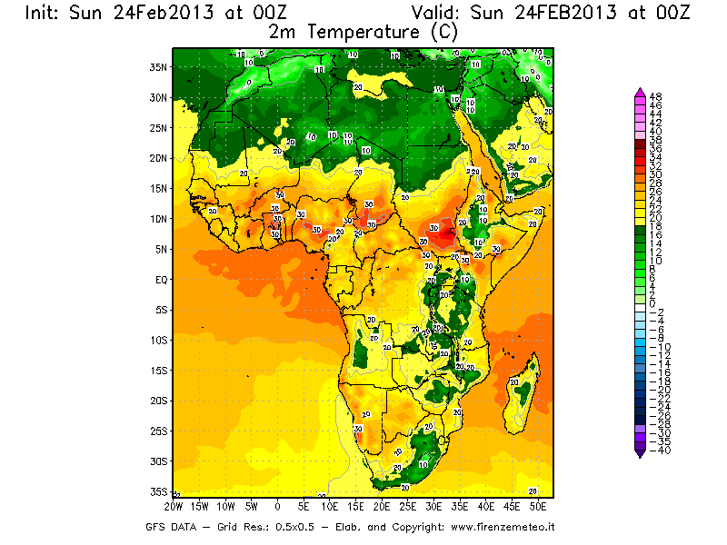 Mappa di analisi GFS - Temperatura a 2 metri dal suolo [°C] in Africa
							del 24/02/2013 00 <!--googleoff: index-->UTC<!--googleon: index-->