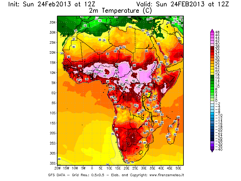 Mappa di analisi GFS - Temperatura a 2 metri dal suolo [°C] in Africa
							del 24/02/2013 12 <!--googleoff: index-->UTC<!--googleon: index-->