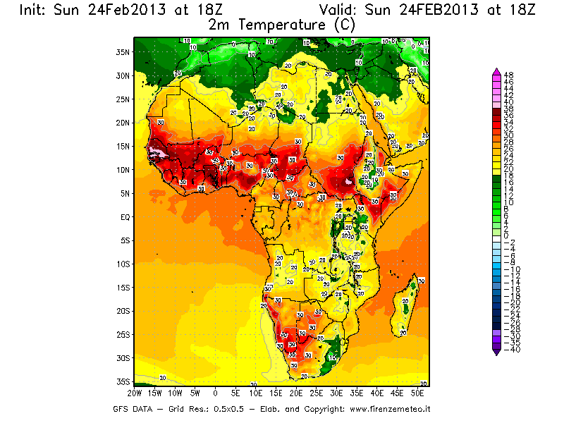 Mappa di analisi GFS - Temperatura a 2 metri dal suolo [°C] in Africa
							del 24/02/2013 18 <!--googleoff: index-->UTC<!--googleon: index-->
