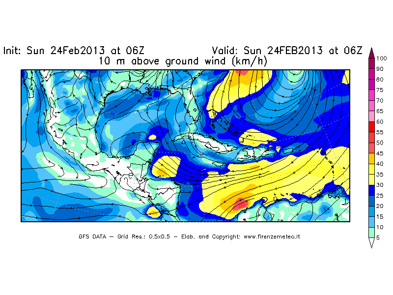 Mappa di analisi GFS - Velocità del vento a 10 metri dal suolo [km/h] in Centro-America
							del 24/02/2013 06 <!--googleoff: index-->UTC<!--googleon: index-->