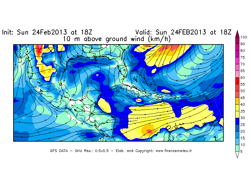 Mappa di analisi GFS - Velocità del vento a 10 metri dal suolo [km/h] in Centro-America
							del 24/02/2013 18 <!--googleoff: index-->UTC<!--googleon: index-->