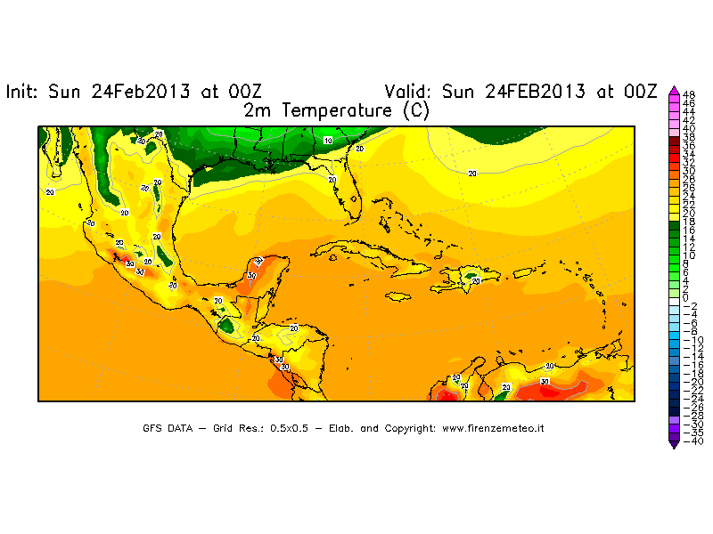 Mappa di analisi GFS - Temperatura a 2 metri dal suolo [°C] in Centro-America
							del 24/02/2013 00 <!--googleoff: index-->UTC<!--googleon: index-->