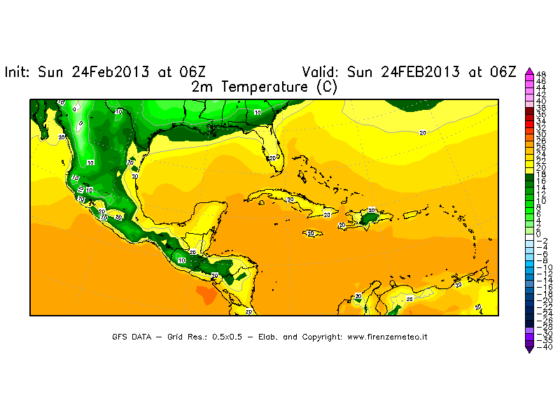 Mappa di analisi GFS - Temperatura a 2 metri dal suolo [°C] in Centro-America
							del 24/02/2013 06 <!--googleoff: index-->UTC<!--googleon: index-->
