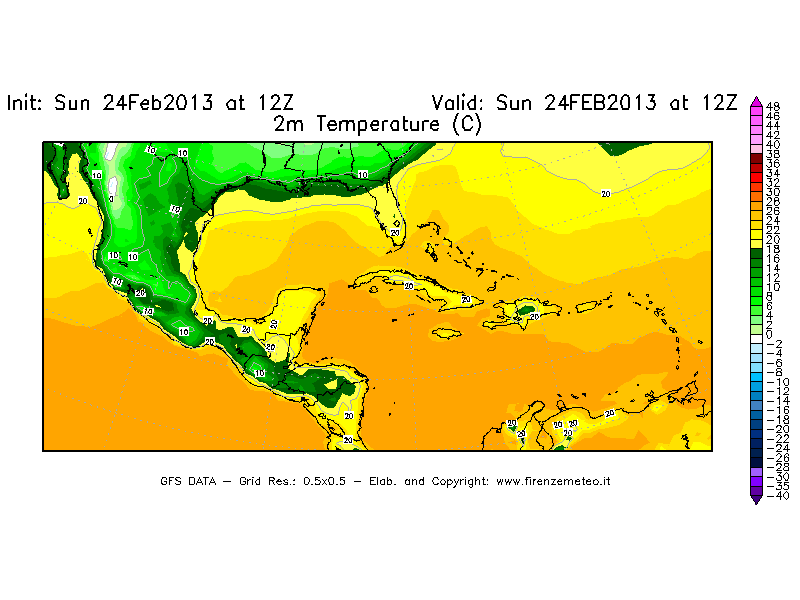 Mappa di analisi GFS - Temperatura a 2 metri dal suolo [°C] in Centro-America
							del 24/02/2013 12 <!--googleoff: index-->UTC<!--googleon: index-->