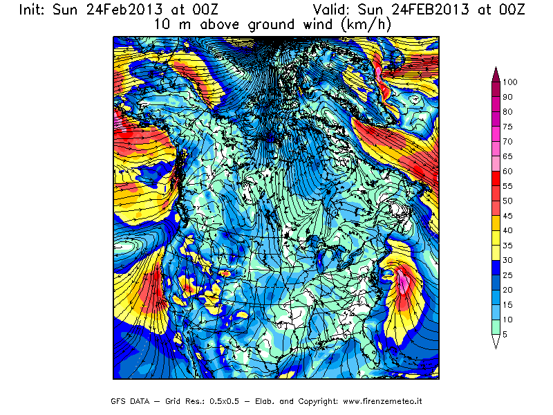Mappa di analisi GFS - Velocità del vento a 10 metri dal suolo [km/h] in Nord-America
							del 24/02/2013 00 <!--googleoff: index-->UTC<!--googleon: index-->