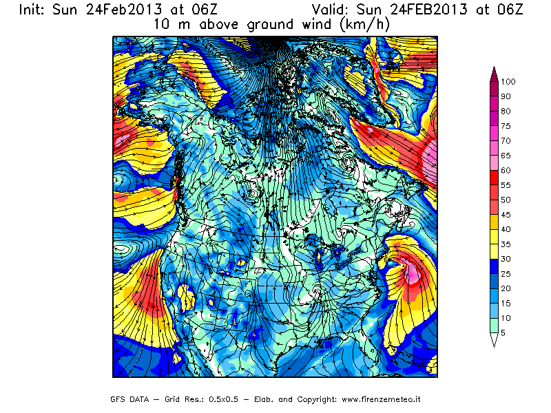 Mappa di analisi GFS - Velocità del vento a 10 metri dal suolo [km/h] in Nord-America
							del 24/02/2013 06 <!--googleoff: index-->UTC<!--googleon: index-->