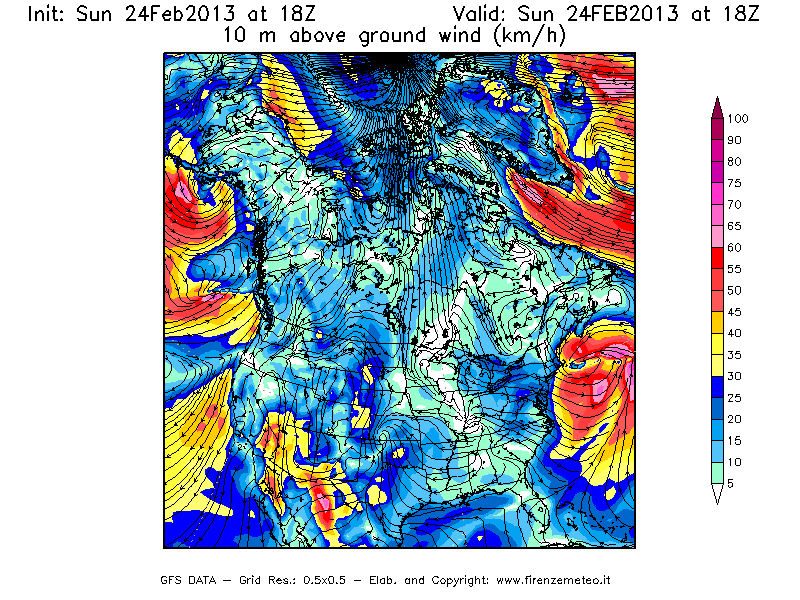 Mappa di analisi GFS - Velocità del vento a 10 metri dal suolo [km/h] in Nord-America
							del 24/02/2013 18 <!--googleoff: index-->UTC<!--googleon: index-->