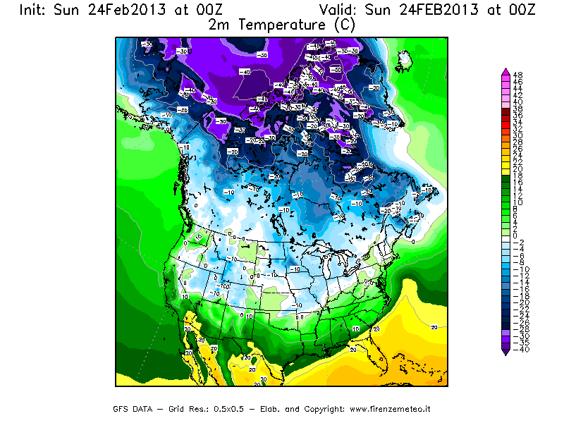 Mappa di analisi GFS - Temperatura a 2 metri dal suolo [°C] in Nord-America
							del 24/02/2013 00 <!--googleoff: index-->UTC<!--googleon: index-->