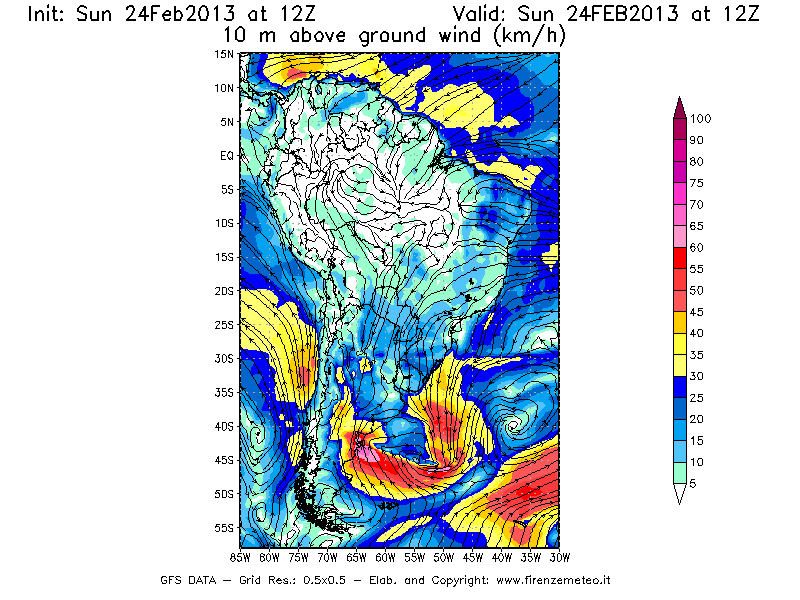 Mappa di analisi GFS - Velocità del vento a 10 metri dal suolo [km/h] in Sud-America
							del 24/02/2013 12 <!--googleoff: index-->UTC<!--googleon: index-->