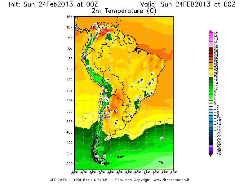Mappa di analisi GFS - Temperatura a 2 metri dal suolo [°C] in Sud-America
							del 24/02/2013 00 <!--googleoff: index-->UTC<!--googleon: index-->