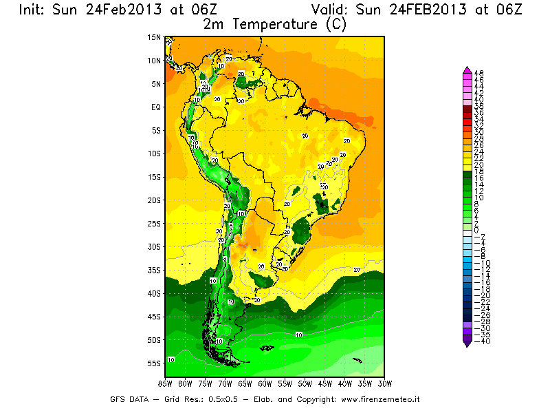Mappa di analisi GFS - Temperatura a 2 metri dal suolo [°C] in Sud-America
							del 24/02/2013 06 <!--googleoff: index-->UTC<!--googleon: index-->