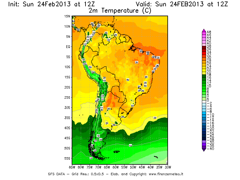 Mappa di analisi GFS - Temperatura a 2 metri dal suolo [°C] in Sud-America
							del 24/02/2013 12 <!--googleoff: index-->UTC<!--googleon: index-->