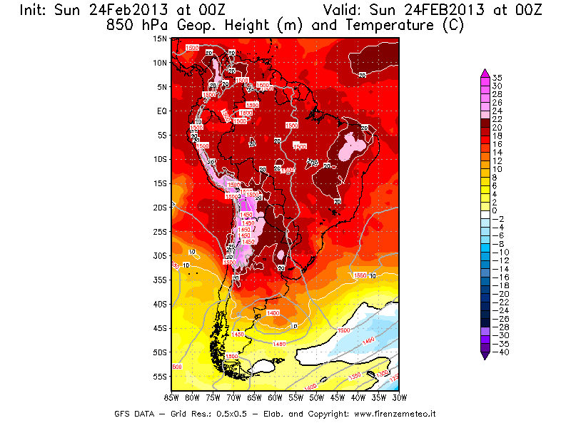 Mappa di analisi GFS - Geopotenziale [m] e Temperatura [°C] a 850 hPa in Sud-America
							del 24/02/2013 00 <!--googleoff: index-->UTC<!--googleon: index-->