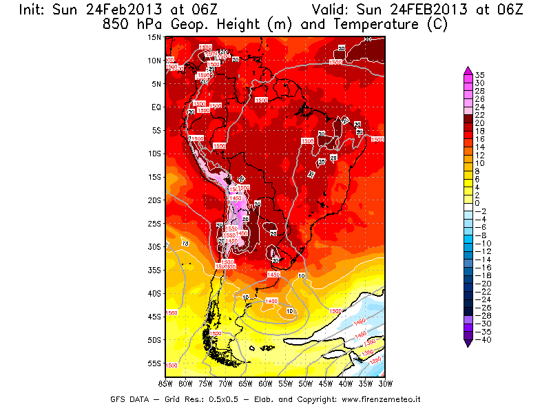 Mappa di analisi GFS - Geopotenziale [m] e Temperatura [°C] a 850 hPa in Sud-America
							del 24/02/2013 06 <!--googleoff: index-->UTC<!--googleon: index-->