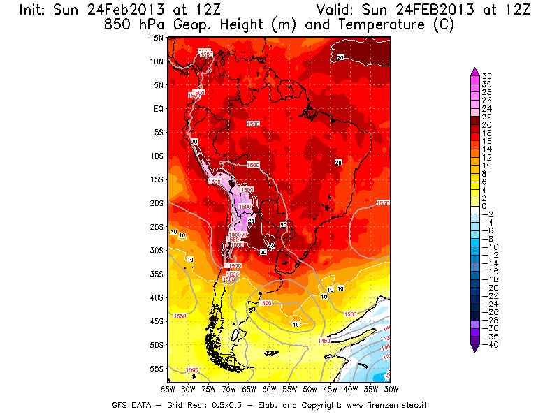 Mappa di analisi GFS - Geopotenziale [m] e Temperatura [°C] a 850 hPa in Sud-America
							del 24/02/2013 12 <!--googleoff: index-->UTC<!--googleon: index-->