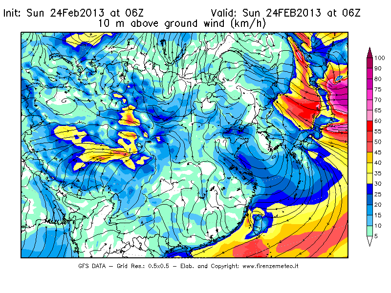 Mappa di analisi GFS - Velocità del vento a 10 metri dal suolo [km/h] in Asia Orientale
							del 24/02/2013 06 <!--googleoff: index-->UTC<!--googleon: index-->