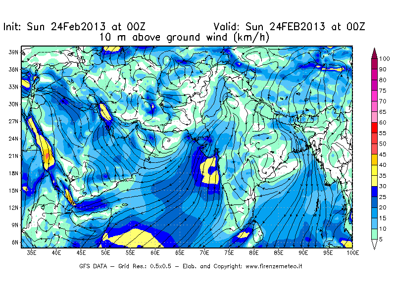Mappa di analisi GFS - Velocità del vento a 10 metri dal suolo [km/h] in Asia Sud-Occidentale
							del 24/02/2013 00 <!--googleoff: index-->UTC<!--googleon: index-->
