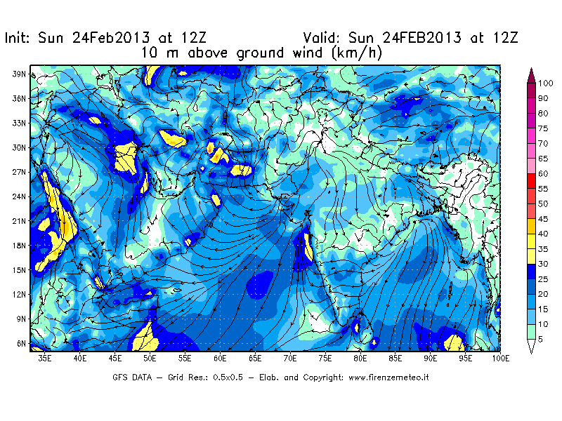 Mappa di analisi GFS - Velocità del vento a 10 metri dal suolo [km/h] in Asia Sud-Occidentale
							del 24/02/2013 12 <!--googleoff: index-->UTC<!--googleon: index-->