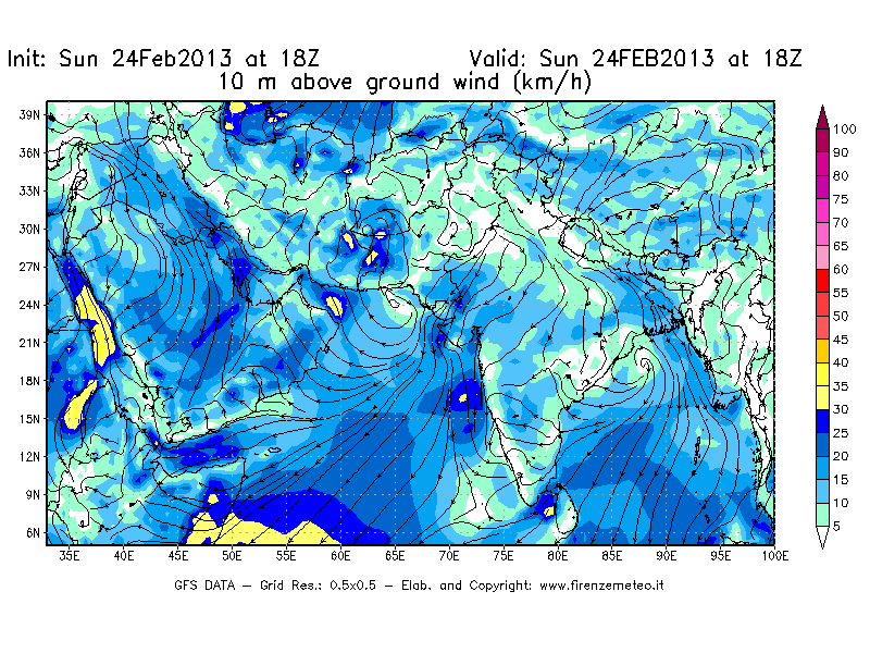 Mappa di analisi GFS - Velocità del vento a 10 metri dal suolo [km/h] in Asia Sud-Occidentale
							del 24/02/2013 18 <!--googleoff: index-->UTC<!--googleon: index-->