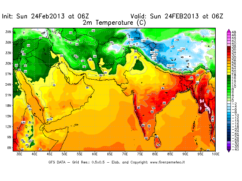 Mappa di analisi GFS - Temperatura a 2 metri dal suolo [°C] in Asia Sud-Occidentale
							del 24/02/2013 06 <!--googleoff: index-->UTC<!--googleon: index-->