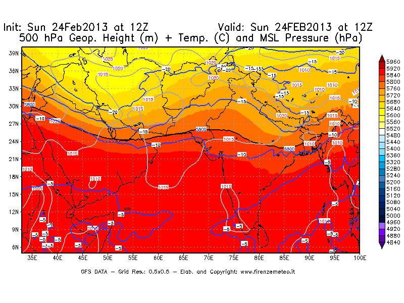 Mappa di analisi GFS - Geopotenziale [m] + Temp. [°C] a 500 hPa + Press. a livello del mare [hPa] in Asia Sud-Occidentale
							del 24/02/2013 12 <!--googleoff: index-->UTC<!--googleon: index-->