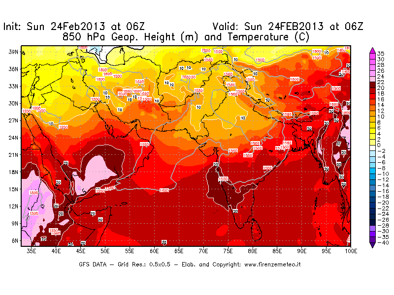 Mappa di analisi GFS - Geopotenziale [m] e Temperatura [°C] a 850 hPa in Asia Sud-Occidentale
							del 24/02/2013 06 <!--googleoff: index-->UTC<!--googleon: index-->