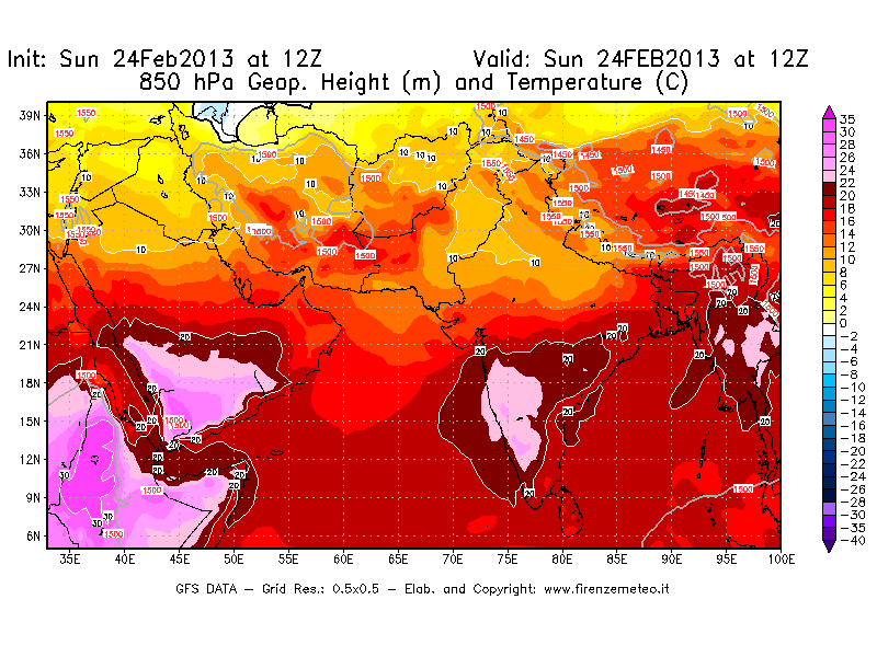 Mappa di analisi GFS - Geopotenziale [m] e Temperatura [°C] a 850 hPa in Asia Sud-Occidentale
							del 24/02/2013 12 <!--googleoff: index-->UTC<!--googleon: index-->