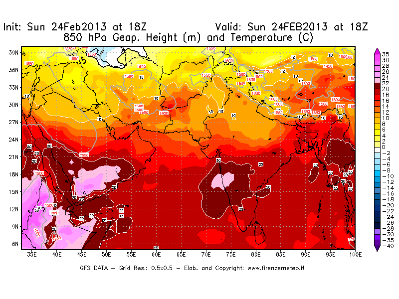Mappa di analisi GFS - Geopotenziale [m] e Temperatura [°C] a 850 hPa in Asia Sud-Occidentale
							del 24/02/2013 18 <!--googleoff: index-->UTC<!--googleon: index-->