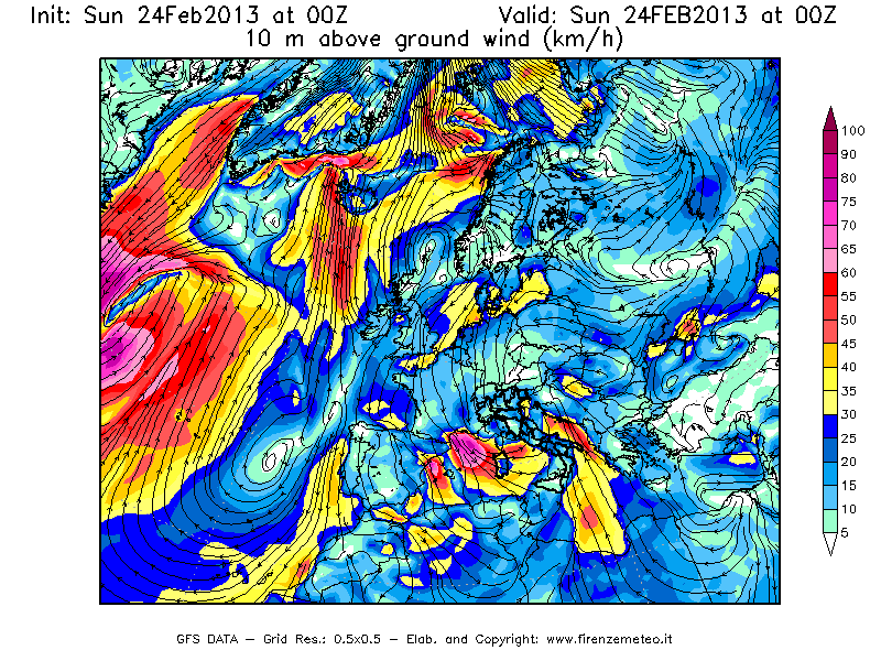 Mappa di analisi GFS - Velocità del vento a 10 metri dal suolo [km/h] in Europa
							del 24/02/2013 00 <!--googleoff: index-->UTC<!--googleon: index-->