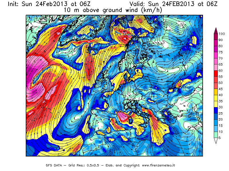 Mappa di analisi GFS - Velocità del vento a 10 metri dal suolo [km/h] in Europa
							del 24/02/2013 06 <!--googleoff: index-->UTC<!--googleon: index-->