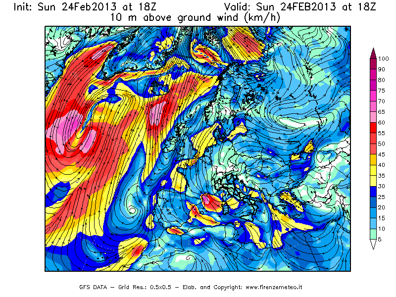 Mappa di analisi GFS - Velocità del vento a 10 metri dal suolo [km/h] in Europa
							del 24/02/2013 18 <!--googleoff: index-->UTC<!--googleon: index-->