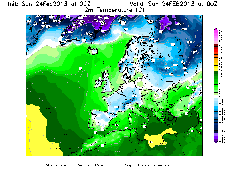 Mappa di analisi GFS - Temperatura a 2 metri dal suolo [°C] in Europa
							del 24/02/2013 00 <!--googleoff: index-->UTC<!--googleon: index-->