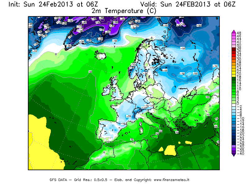 Mappa di analisi GFS - Temperatura a 2 metri dal suolo [°C] in Europa
							del 24/02/2013 06 <!--googleoff: index-->UTC<!--googleon: index-->