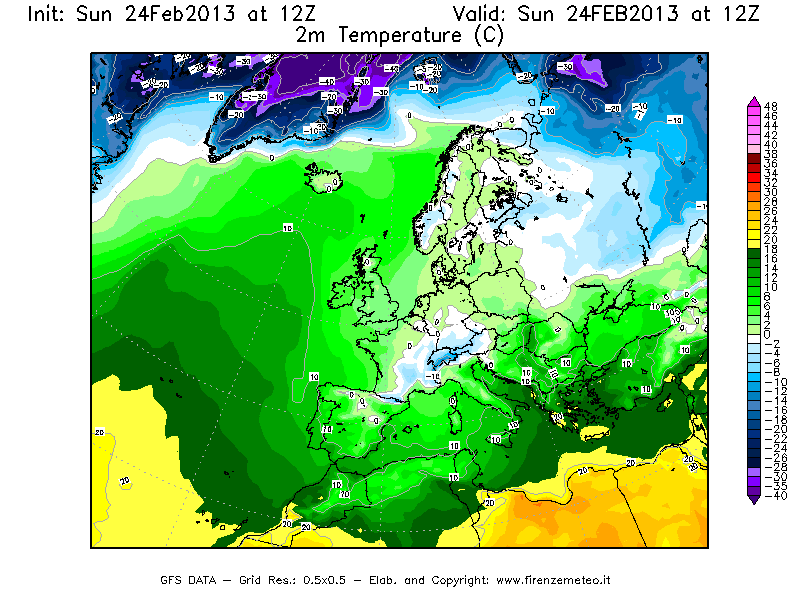 Mappa di analisi GFS - Temperatura a 2 metri dal suolo [°C] in Europa
							del 24/02/2013 12 <!--googleoff: index-->UTC<!--googleon: index-->
