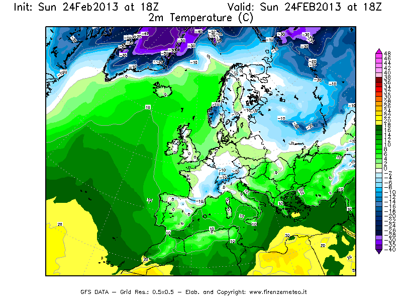 Mappa di analisi GFS - Temperatura a 2 metri dal suolo [°C] in Europa
							del 24/02/2013 18 <!--googleoff: index-->UTC<!--googleon: index-->