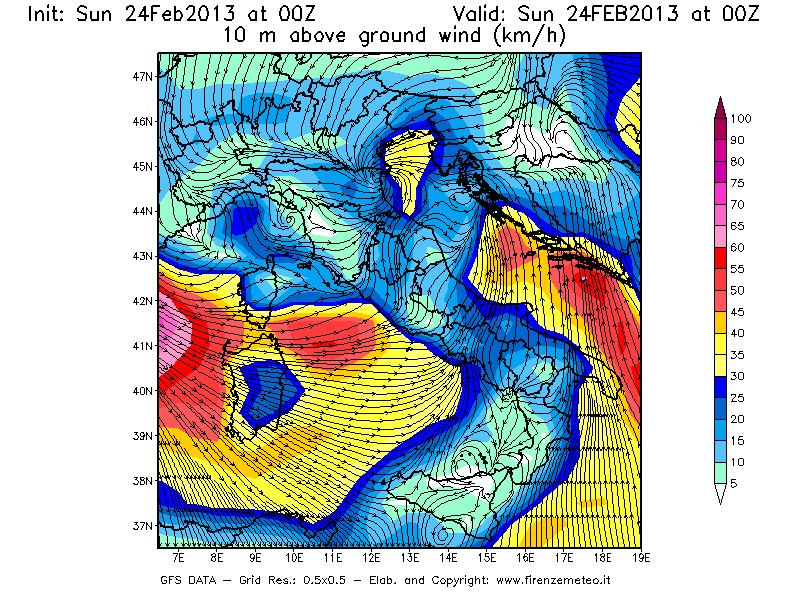 Mappa di analisi GFS - Velocità del vento a 10 metri dal suolo [km/h] in Italia
							del 24/02/2013 00 <!--googleoff: index-->UTC<!--googleon: index-->