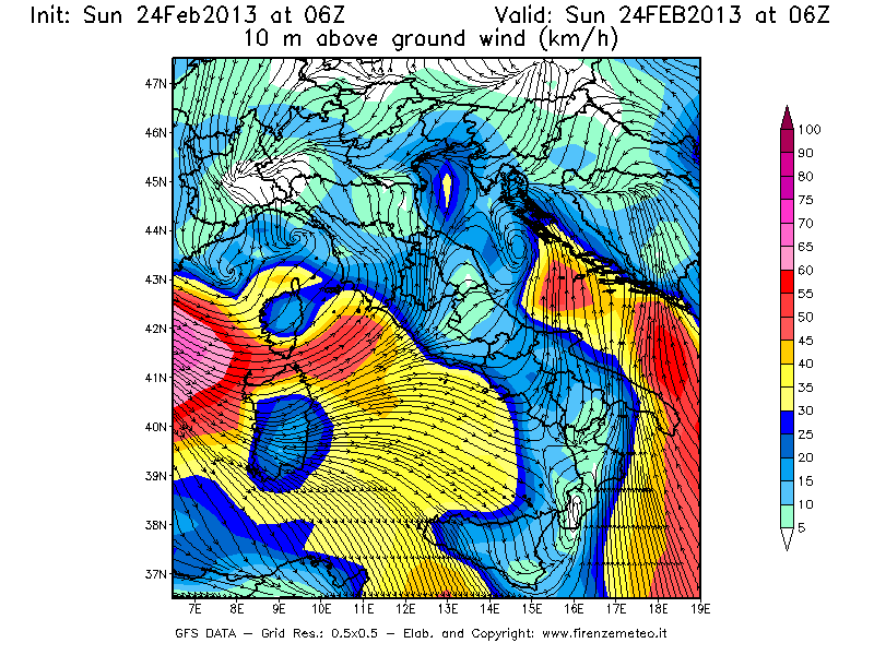 Mappa di analisi GFS - Velocità del vento a 10 metri dal suolo [km/h] in Italia
							del 24/02/2013 06 <!--googleoff: index-->UTC<!--googleon: index-->