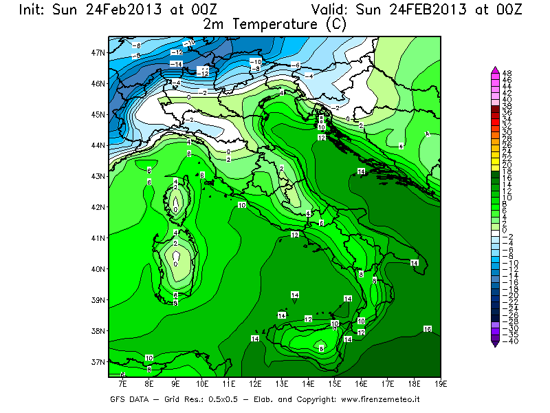 Mappa di analisi GFS - Temperatura a 2 metri dal suolo [°C] in Italia
							del 24/02/2013 00 <!--googleoff: index-->UTC<!--googleon: index-->