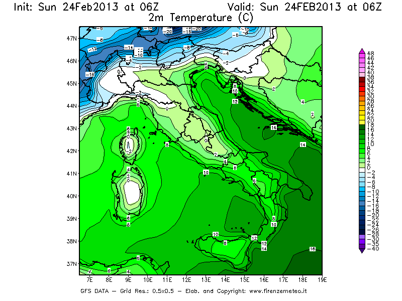 Mappa di analisi GFS - Temperatura a 2 metri dal suolo [°C] in Italia
							del 24/02/2013 06 <!--googleoff: index-->UTC<!--googleon: index-->