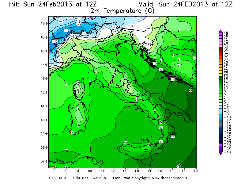 Mappa di analisi GFS - Temperatura a 2 metri dal suolo [°C] in Italia
							del 24/02/2013 12 <!--googleoff: index-->UTC<!--googleon: index-->