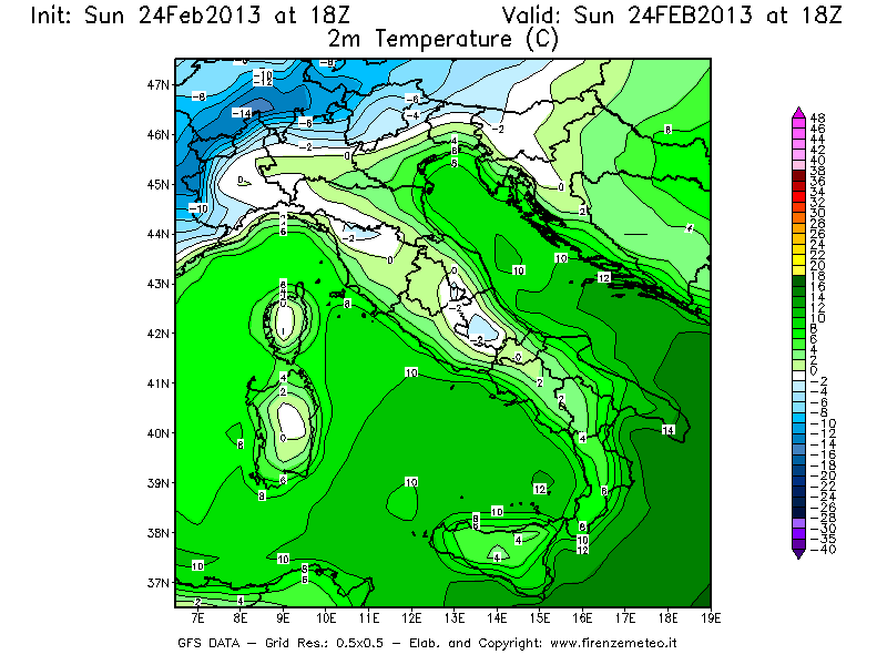 Mappa di analisi GFS - Temperatura a 2 metri dal suolo [°C] in Italia
							del 24/02/2013 18 <!--googleoff: index-->UTC<!--googleon: index-->
